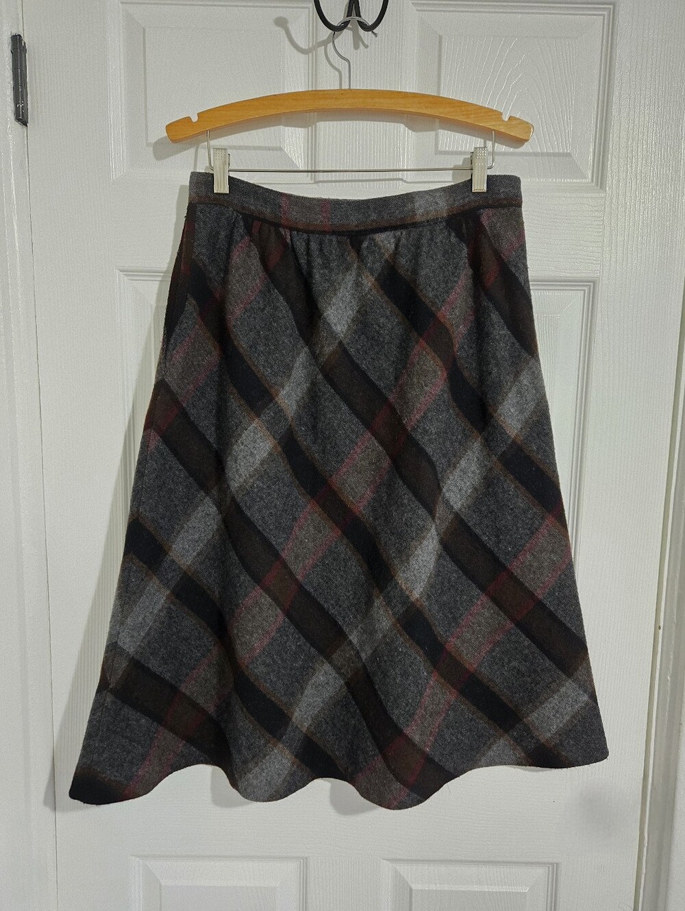 Vintage Take 1 Plaid Wool Blend A-Line Midi Skirt Size 18 Gray Burgundy